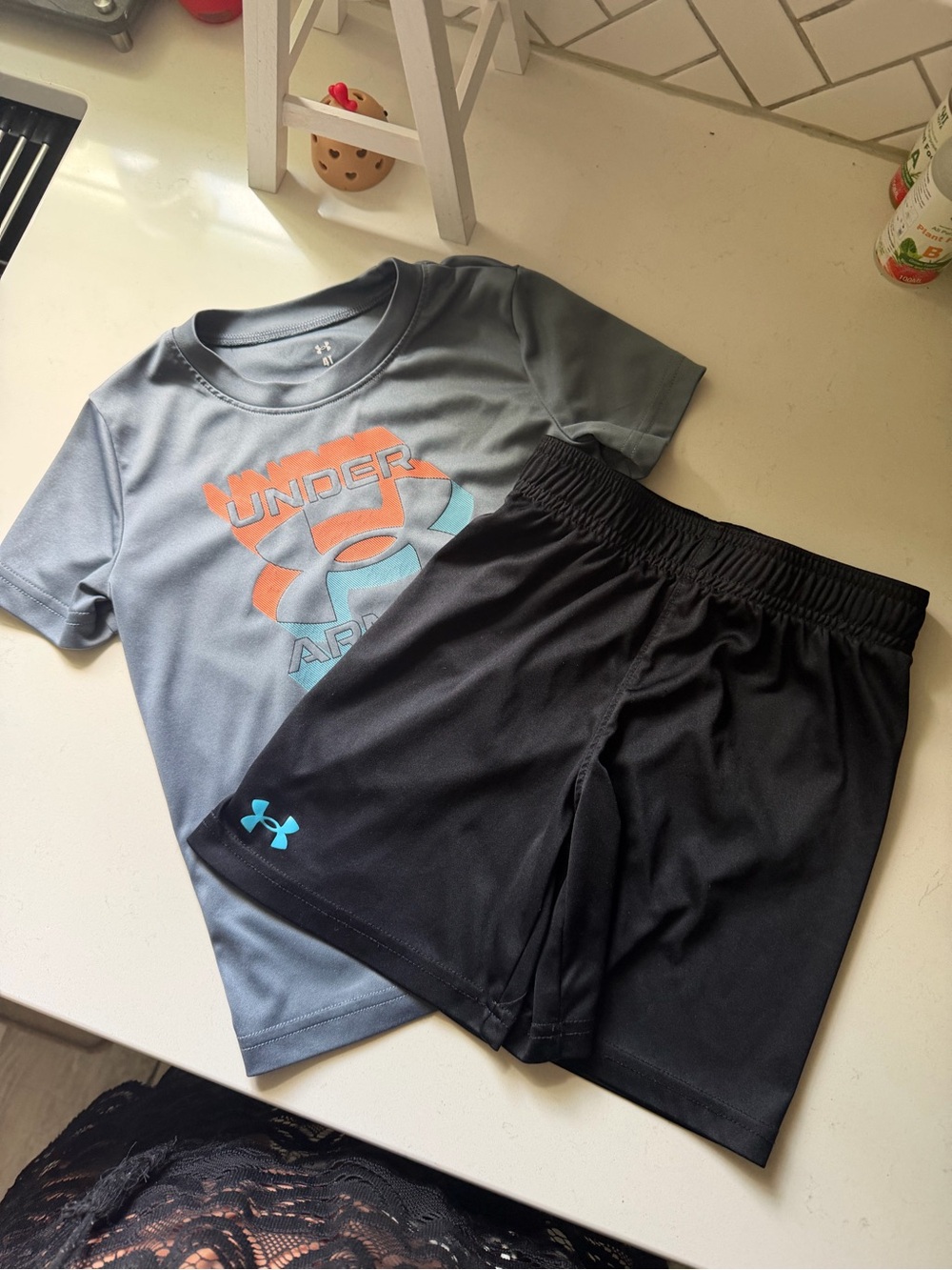 Under Armour Boys Gray Tee and Black Shorts Set with Orange & Teal Logo